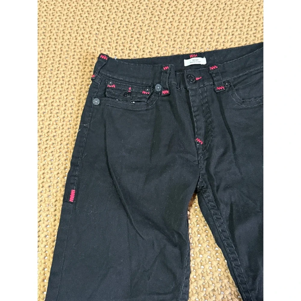 True Religion Ricky Relaxed Straight Black‎ Red Stitch Jeans Size 36 Worn Once